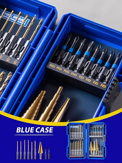 JEFE HEX 30pcs Impact Bit Set, Screwdriver Bit Set 11pcs, Hex Shank Drill Bit Set 16pcs, Step Drill Bit 3pcs, High Speed Steel Materialand Titanium Coating, S2 Alloy Steel Bits with Index Box