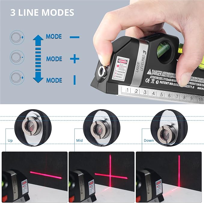 Laser Level Multi Tool, Multipurpose Cross Line Laser leveler Kit Tools with Metric Rulers 8ft/2.5M for Hanging Pictures Cabinets Tile Curtains Walls by Qooltek