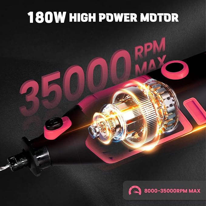 HARDELL Rotary Tool Kit - 180W Corded Power Rotary Tool 6 Variable Speeds with 61 Accessories, 8000-35000RPM, for Sanding, Polishing, Cutting, Engraving,Carving, DIY Crafts (PINK)