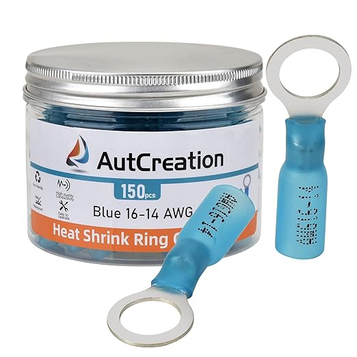 AutCreation 150PCS Heat Shrink Ring Terminals 5/16" Blue 16-14 AWG Marine Grade Electrical Wire Connectors, Tinned Red Copper Resistant Ring Connectors, Insulated Waterproof Crimp Terminals