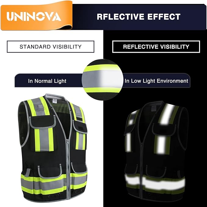 UNINOVA Surveyor Safety Vest Reflective for Men,Class 2 Heavy Duty Safety Vests Reflective with Pockets and Zipper