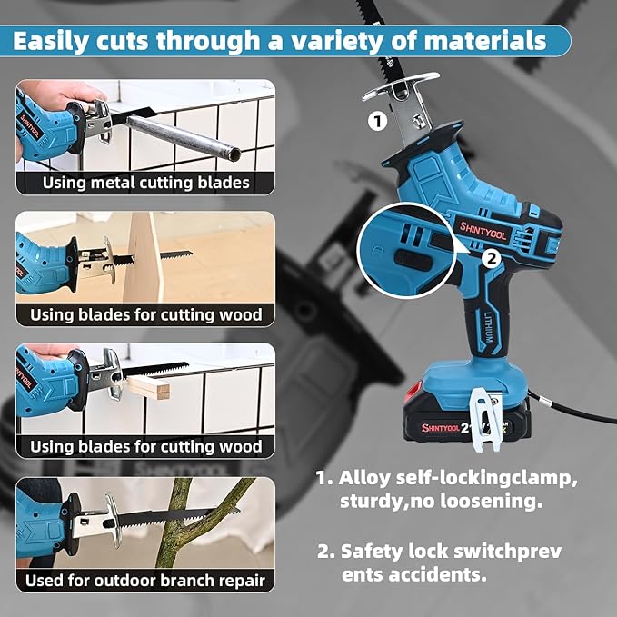 21v Cordless Reciprocating Saw, 2.0 Ah Battery Operated Reciprocating Saw With Charger,Hog Ring Anvil And 4 Pcs Blades For Wood Pvc Pipe Tree Cutting By SHINTYOOL