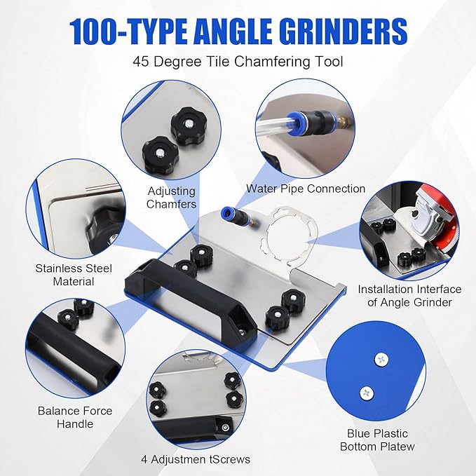 45 Degree Tile Chamfering Tool,Angle Grinder Stand for 45° Tile Cutting,with 4PCS Saw Blades,Gloves,Hose,Adjustable Attachments for Chamfering