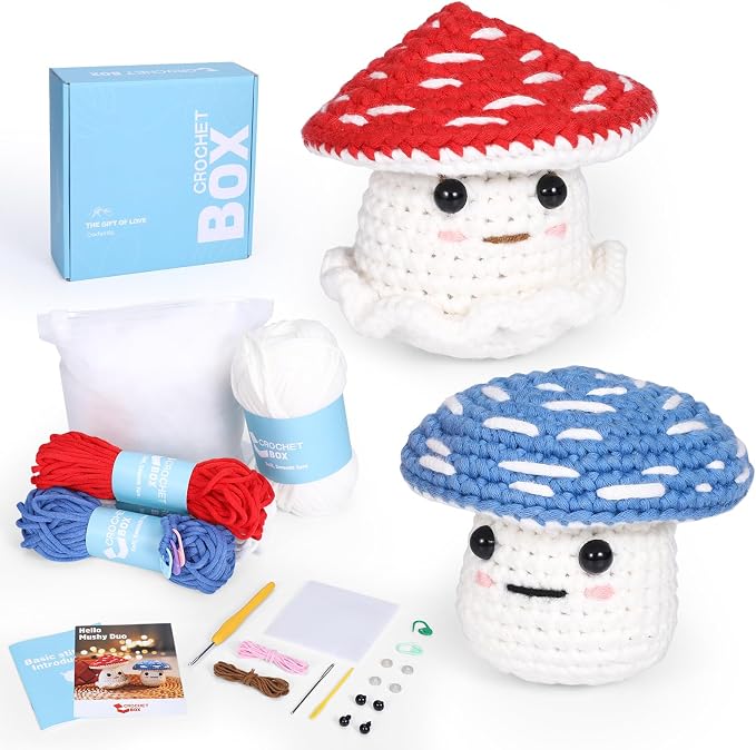 Crochet Kit for Beginners: 2 PCS Red & Blue Mushroom Starter Crochet Kits by CROCHETBOX