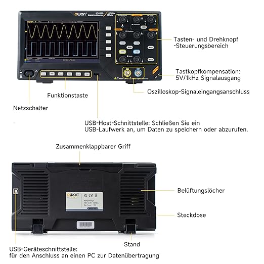 OWON Digital Oscilloscope with 4 Channels and Screen 7 inch / 18 cm, TFT-LCD Display, Portable Professional Oscilloscope Kit with 1GS/s Sampling Rate, Bandwidth 200MH, SDS220