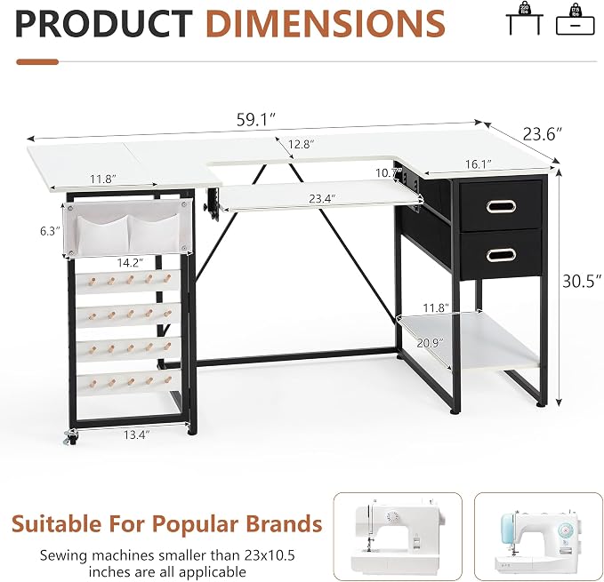59" Folding Sewing Table with Adjustable Tabletop and Foldable Side Shelf | - Image 2