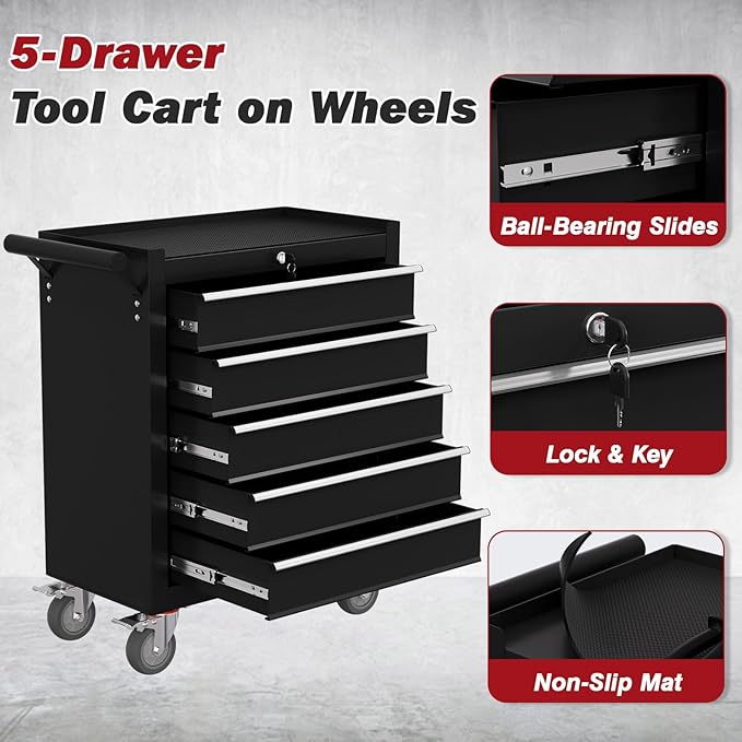 Rolling Tool Chest with Drawers, 5 Drawers Tool Chests & Cabinets, Metal Toolbox with Wheels, Lockable Storage Cabinet, Garage Tool Box with Drawers (Black, 5 Drawers)