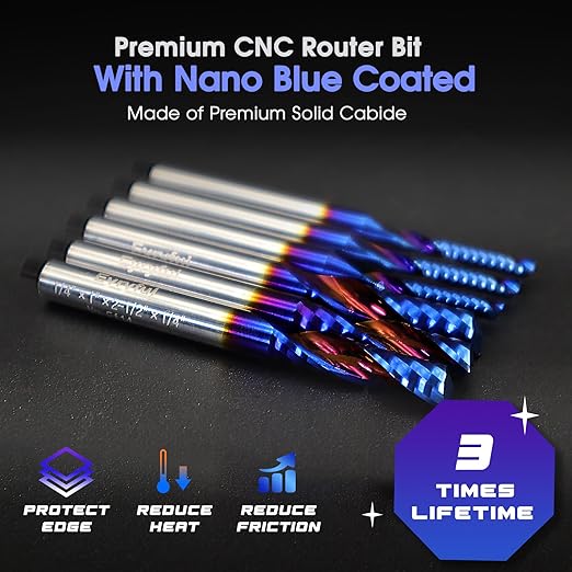 O-Flute Spiral Router Bit Set, 1/4 Inch Shank, Nano-Coated Solid Carbide CNC Router Bits for Aluminum, Plastic, Acrylic, Metal, Wood, MDF (3pcs 1/8"+3pcs 1/4")