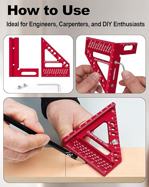 Woodworking Square Ruler 22.5-90 Degree - Premium Carpenter's Scribing Tool with Angle Pin, Multi-Angle Measuring for Engineering & Construction