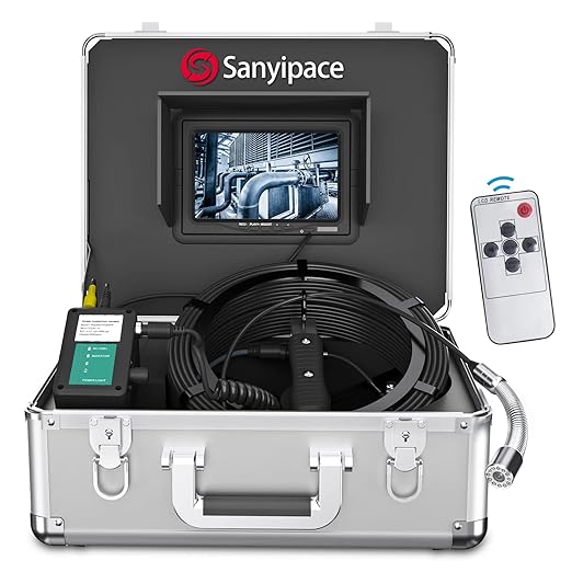 Sanyipace Sewer Camera 100FT/30M, 1080P FHD, Zoom in, Remote Control, Sapphire Lens, Battery Level Display, 12 Adjustable White LEDs, 7'' LCD Screen, Plumbing Pipe Drain Camera, 16GB TF Card
