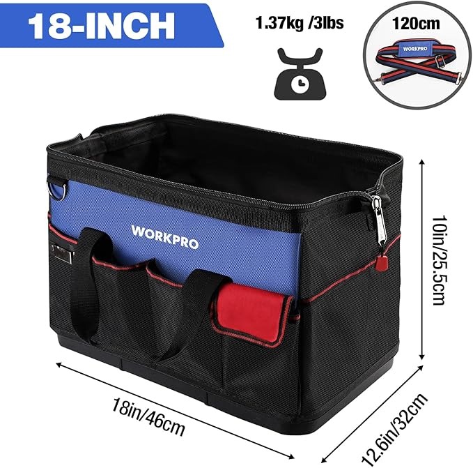 WORKPRO Tool Bag, 18 Inch Tool Bag with Waterproof Molded Base, Open Top Tool Organizer Bag with 20 Pockets, Adjustable Shoulder Strap