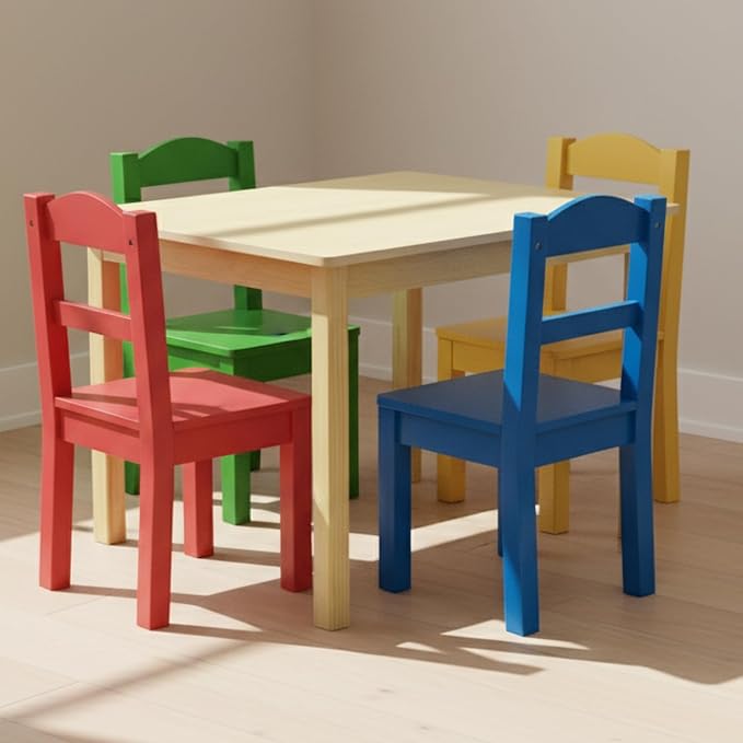 Humble Crew Kids Wooden Table and 4 Chairs Set, Natural/Primary - Image 2