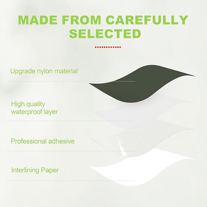 7x9in Nylon Repair Patch，Tent Repair Kit，Self Adhesive Waterproof Fabric Repair Tape for Tent, Umbrella, Sleeping Bag, Down Jackets,Knapsack.（Grayish Green,6ps）