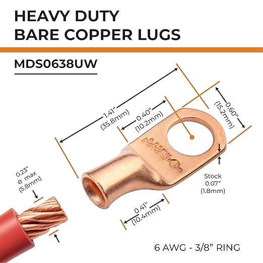 SELTERM 2pcs 6 AWG 3/8" Stud Copper Wire Lugs, Battery Lugs, Ring Terminals, Battery Cable Ends, 6 Gauge Ring Terminal Connectors, UL Heavy Duty Bare Copper Eyelets Battery Terminal Connectors