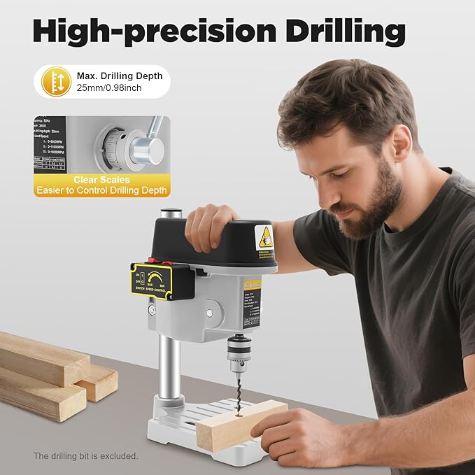 3-Speed Benchtop Drill Press Table, Electric Bench Drilling Machine, Mini Drill Press Stand, Tabletop Drilling Machine 110V, 340W Copper Motor Variable Speed, 0-16000 RPM