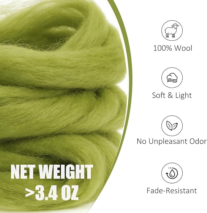 Wool Roving Calla Green, Needle Felting Wool, 3.4oz Natural Felting Wool - Image 2