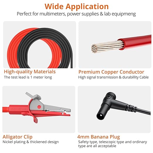 Proster Banana to Alligator Clip - Test Leads CATIII 1000V 10A with Alligator Clip, Insulated Copper Conductors Safety Cables for Multimeter, Electrical, Automotive & Home Testing