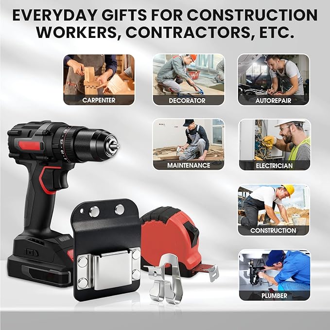 3 Pcs Drill Holder for Tool Belt + 3 Pcs Drill Clip, Tape Measure Holder with Metal Clip, 2 in Belt Hook Holster for Cordless Drill, Impact Driver, Measuring Tape, Tool Accessories