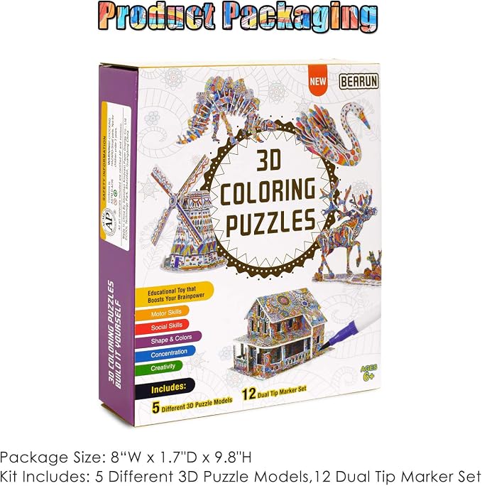 BEARUN 3D Coloring Puzzle Set, Arts and Crafts - Image 7