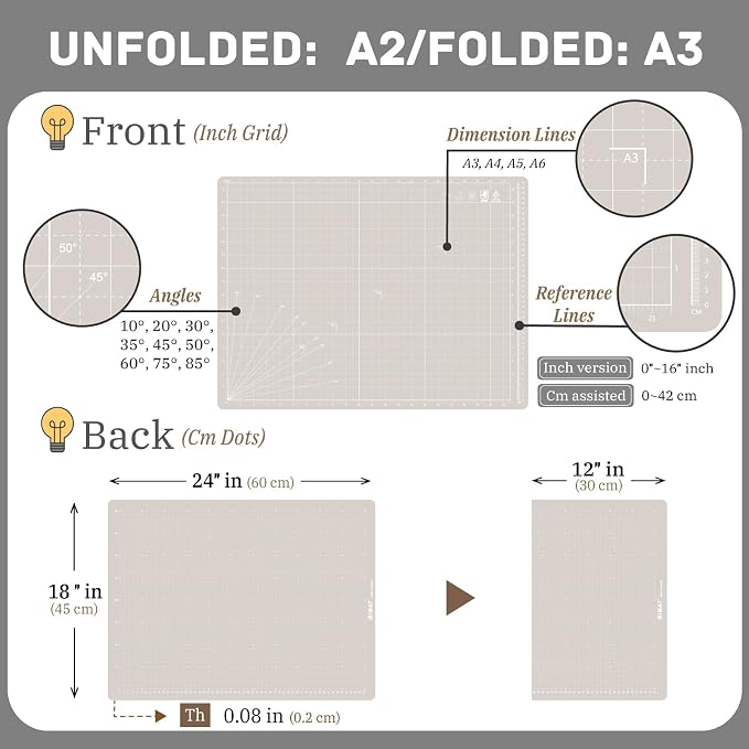 iMAT Flip Cutting Mat Note A2, Double-Sided, Origami White | Inch grid front - Image 2