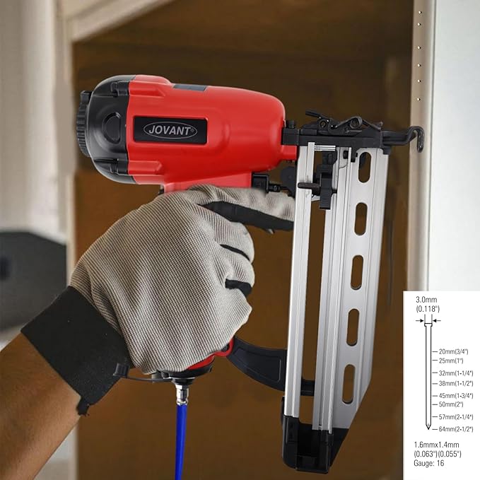 Pnumatic Finish Nailer,16Gauge nail Gun Acepts 3/4 Inch up to 2-1/2 Inch finish Nails.Brad Nailer Gun Can Hit Hardwood Ideal for Upholstery (Include 6m Air tube,1*Nail puller & Portable Bag)