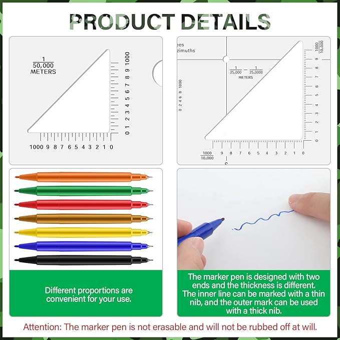 Oudain Military UTM/MGRS Coordinate Scale 7 Assorted Colors Military Map Markers Fine Point Pens Land Navigation Protractor and Map Reading and Grid Coordinate Reader Pairs with Compass