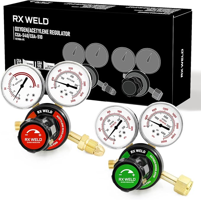 RX WELD Oxygen and Acetylene Regulators CGA540 and CGA510- Compatible with V-Style Welding Gas Torch Cutting, PC-Handle