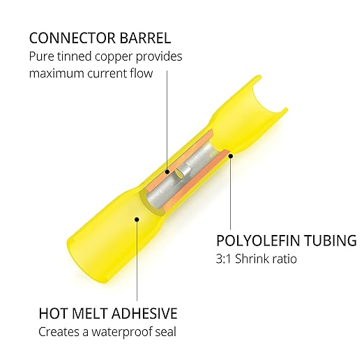 Wirefy 50 PCS Heat Shrink Butt Connectors Yellow 12-10 AWG - Marine Grade Butt Connectors - Wire Butt Splice Connectors - Electrical Waterproof Heat Shrink Butts