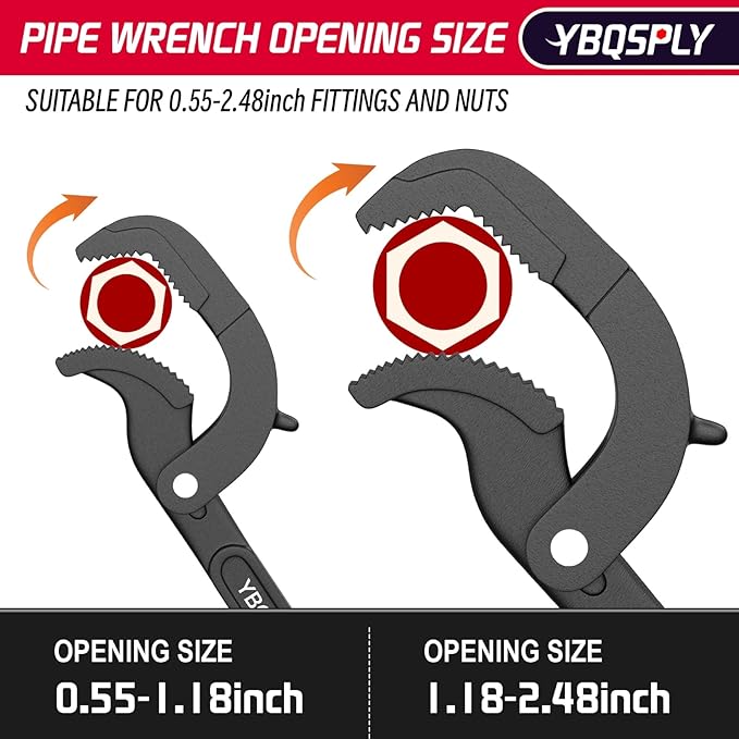Pipe Wrench Set, 10” and 15” Self Adjusting Wrench 2-Piece Plumbing Tools - Pipe Vise Wrench Basin Wrench for 0.55“-2.48”/14-60mm Standard Nuts, Irregular Nuts, Pipes Use