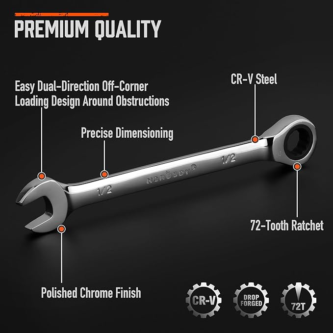 HORUSDY Combination Ratchet Wrenches Set with SAE | 8 Pieces Wrench Set with Wrench Organizer | 72-Tooth | 5° Swing Arc | 1/4" - 11/16" | Chrome Vanadium Steel
