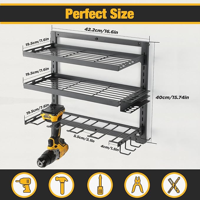 COFIT Power Tool Organizer with Adjustable Height 3-Tier Iron Tool Rack and Wall Mount Charging Station for Drill and Garage Workshop