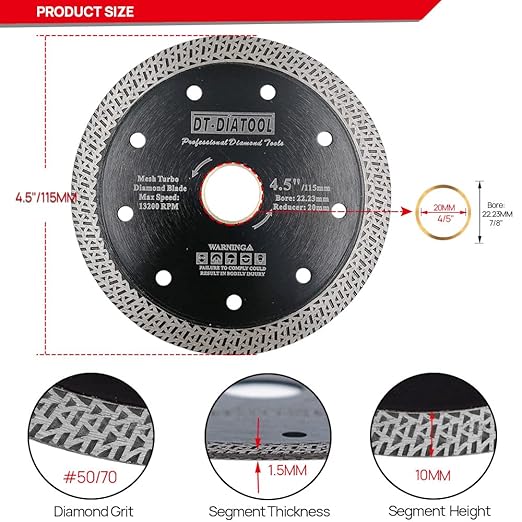 DT-DIATOOL 2pcs Diamond Granite Blade 4-1/2 Inch for Marble, Porcelain, Ceramic, Brick - Mesh Turbo Diamond Segments