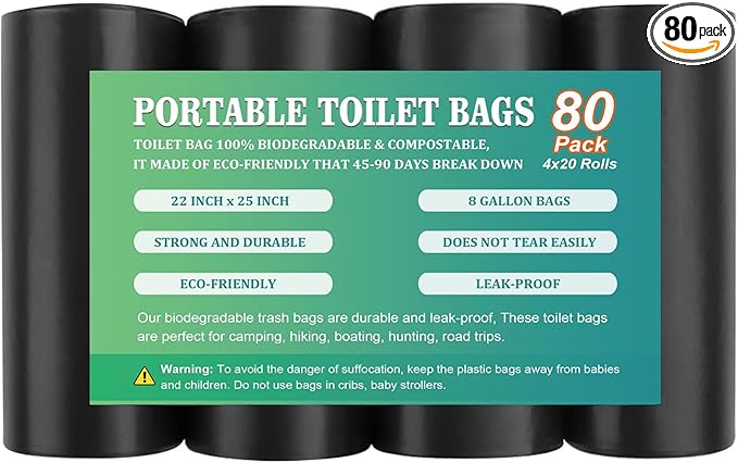 80 PCS Portable Toilet Bags for Camping, Biodegradable Porta Potty Bags - 8 Gallon Thickened Waste Bags Fit for 5 Gallon Bucket, Camping Poop Bag, Trash Bags for Home Boating Travel Outdoor