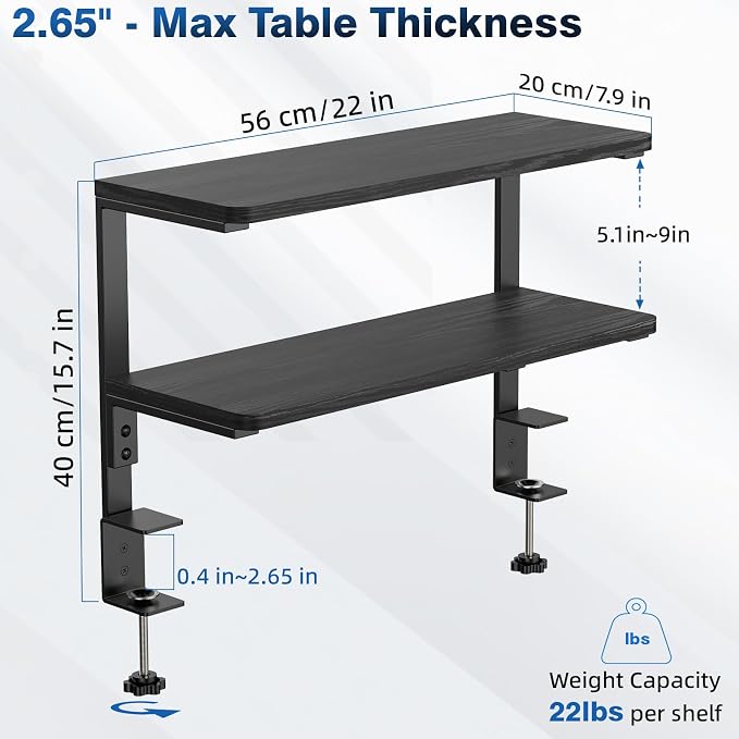 2-Tier Desk Extender, 22-inch Clamp-On Desk Shelf, Height-Adjustable Desktop - Image 3