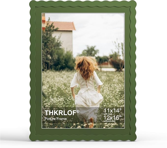12x16 Picture Frame with Mat for 11x14, Wavy Edge Wooden Real Glass Photo Frame by THKRLOF