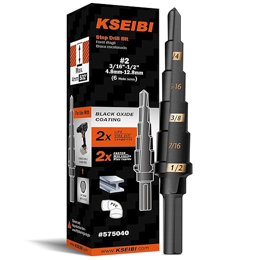 KSEIBI #2 HSS Step Drill Bit Set 3/16-1/2" with 3/8 Shank - Black Oxide Finish for Metal, Wood, Plastic Drilling - Durable, Precision Multi-Sized Bits with 3-Flat Shank 575040