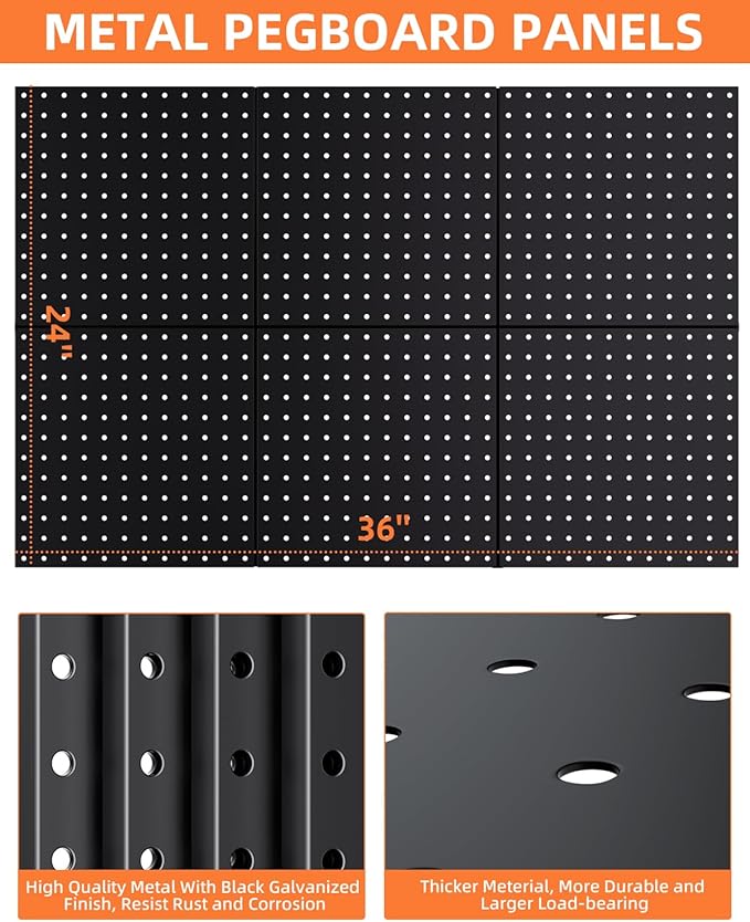 INCLY 6 Pack 12"x12" Black Metal Pegboard Panels, Heavy Duty Pegboard Wall Organizer with Frame, Black Peg Board for Walls, Garage, Workbench, Shed, Kitchen, Craft Room Tool Organization