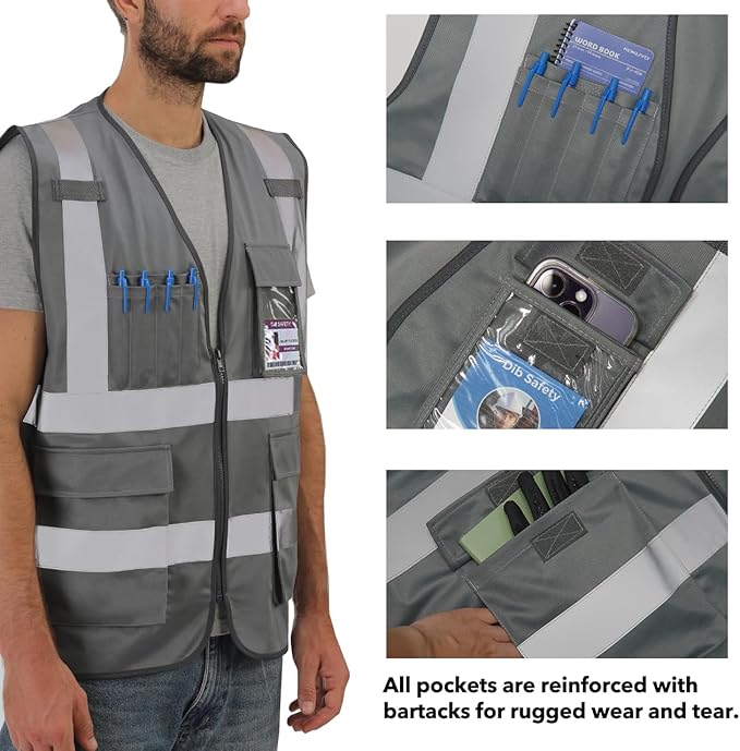Dib Safety Reflective Vest High Visibility with Pockets and Zipper, Gray 4XL