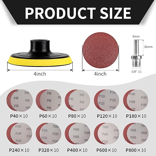 100PCS Angle Grinder Sanding Discs and 4 Inch Hook and Loop Backing Pad (5/8-11 Threads) with 8MM Drill Adapter, Angle Grinder Attachments for Sanding Polishing 40-800 Grits