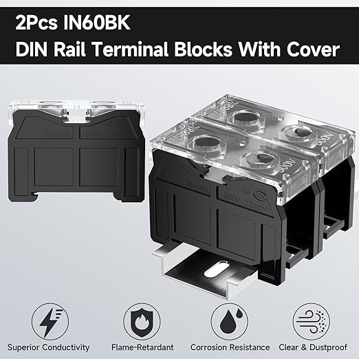 2Pcs DIN Rail Terminal Blocks with Cover, IN60BK 600V 90A 22mm² Electrical Connection Terminals, 4Pcs 14-12 AWG Insulated Fork Spade Wire Connectors & 3.15 Inch DIN Rail Included