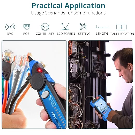 Network Cable Tester with NCV, Poe Cable Tracker Ethernet Cable Finder for Cable CAT5 CAT5e CAT6 Cat7 Cat8 Wire Tracker Test Fault Distance Location and Length Measurement for Telephone Line