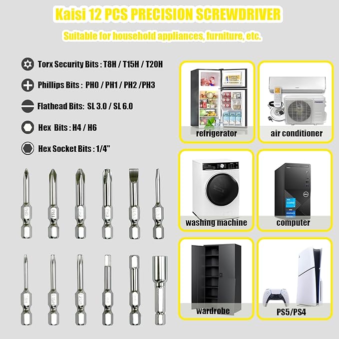 Kaisi Screwdriver Set 12-in-1 Portable Multi Bit Screwdriver All in One Screw Driver with Phillips,Flat Head,Torx Security,Hex and 1/4 Nut Driver for Outdoor and Daily Repair Tools
