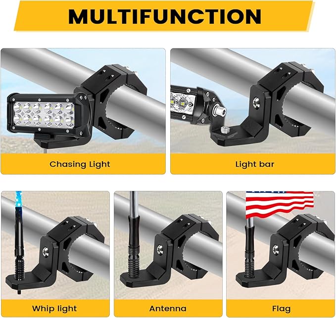 UTV Whip Mount, UTV Flag Light Mounting Bracket, Aluminium Alloy - 360° Rotating Flag Hole - Fits Perfect on 1.75" to 2" Roll Cage of Can Am Maverick X3 Polaris RZR XP 1000(Black,2PCS)