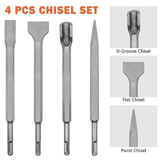 17Pcs SDS Plus Rotary Hammer Drill Bit Set,Concrete Drill Bit Kit with Point Chisel,Flat Chisel,Cross Type Double Thread Carbide Material for Concrete,Bricks,Tiles,Stone and Glass