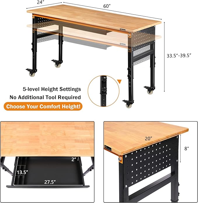 60" Adjustable Workbench for Garage, Rubber Wood Shop Table W/Wheels & Double Pegboards & Drawer, 2000 LBS Load Capacity Hardwood Worktable for Workshop, Garage, Office, Home, Commercial