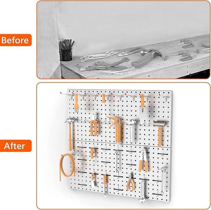 TORACK Metal Pegboard Wall Organizer 24" x 24" or 12" x 48", 70PCS Tools Storage Pegboard for Garage Peg Board Tool Organizer Board with Hooks for Workbench(Grey)