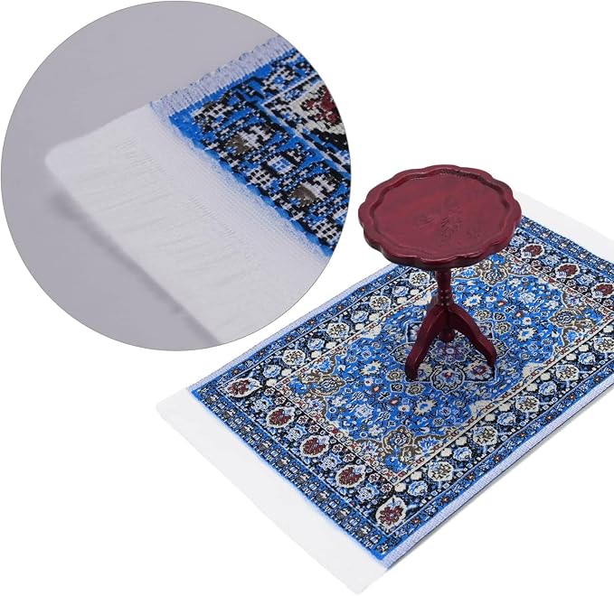 1:12 Scale Miniature Rug Carpet and End Table Wooden Side Table Dollhouse - Image 7