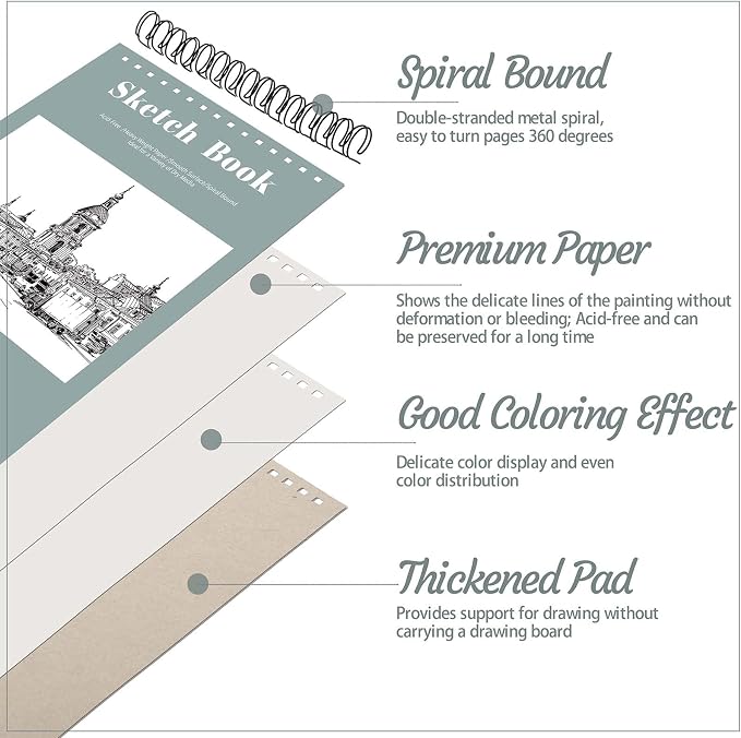 12 Pack Sketch Book, 5.5 x 8.5 Inch Sketchbook, 68lb/100gsm Top Spiral Bound - Image 3