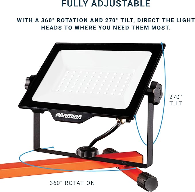 PARMIDA LED Dual-Head Work Light with Telescoping Tripod Stand Up to 6 Ft Tall, UL Approved Cable, Durable Metal Body, 10,000 Lumen, 100W, IP65 Waterproof, Rotating & Detachable Heads, 8 Ft Power Cord