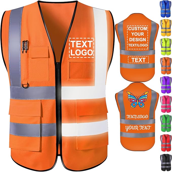 Custom Safety Vest with Logo for Men Women Personalized Class 2 High Visibility Reflective Vests with Pockets Zipper(S-5XL)